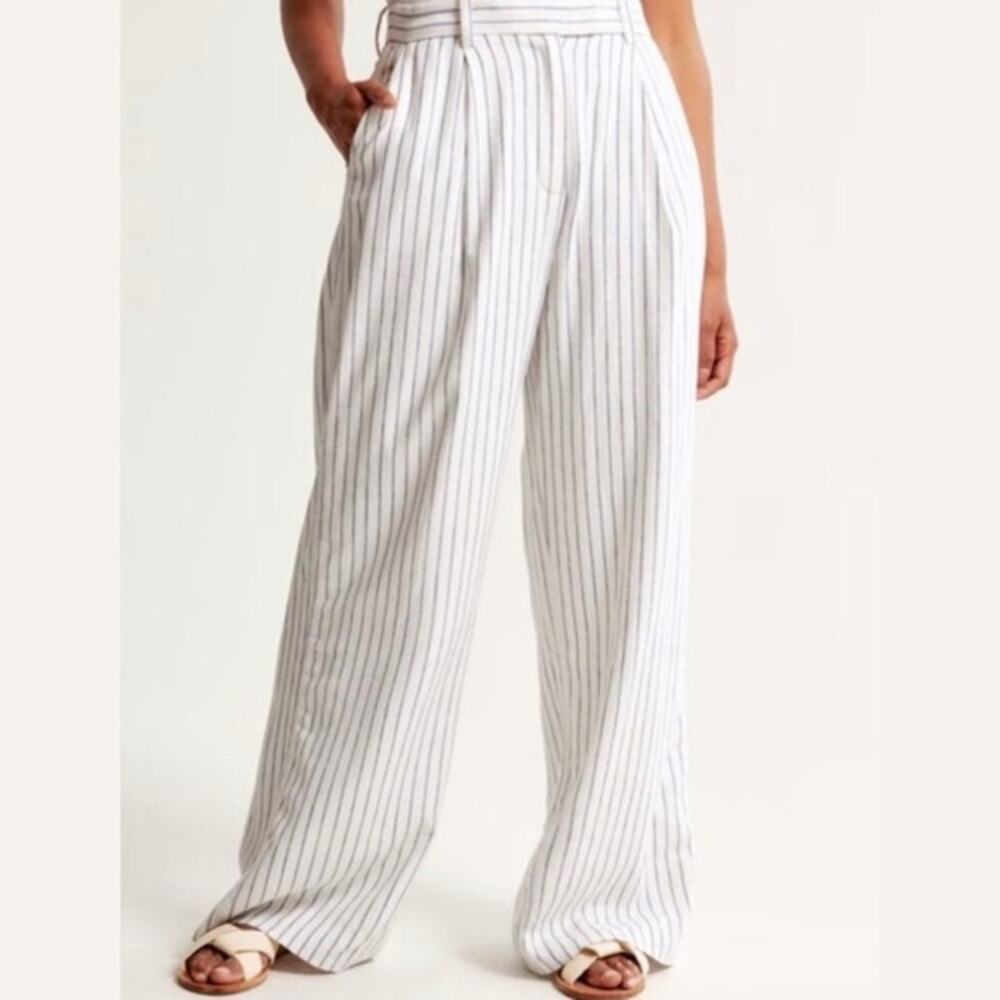 Abercrombie & Fitch Cream Striped Wide Leg Trousers